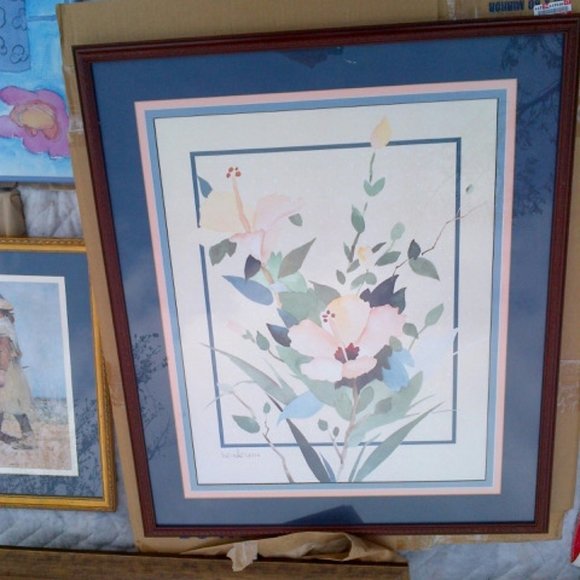 BLUE AND PEACH FLOWER PRINT WITH CUSTOM TRIPLE MAT AND CHERRY WOOD FRAME - Picture 1 of 7